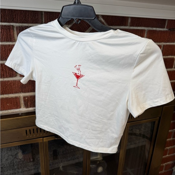 SHEIN Tops - SHEIN White Crop Top with Red Martini Graphic